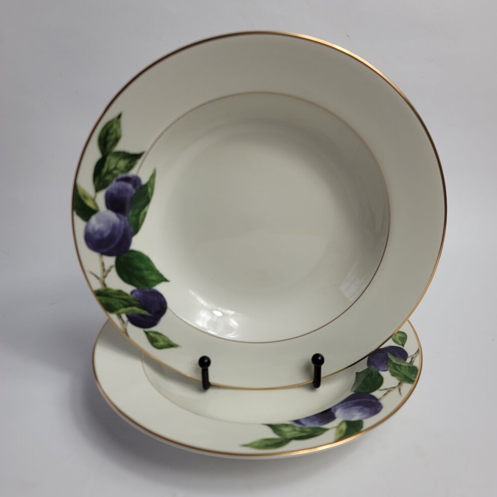 TWO Mikasa Plum L3132 Court Rim Soup Bowls White with Purple Plums Green Leaves